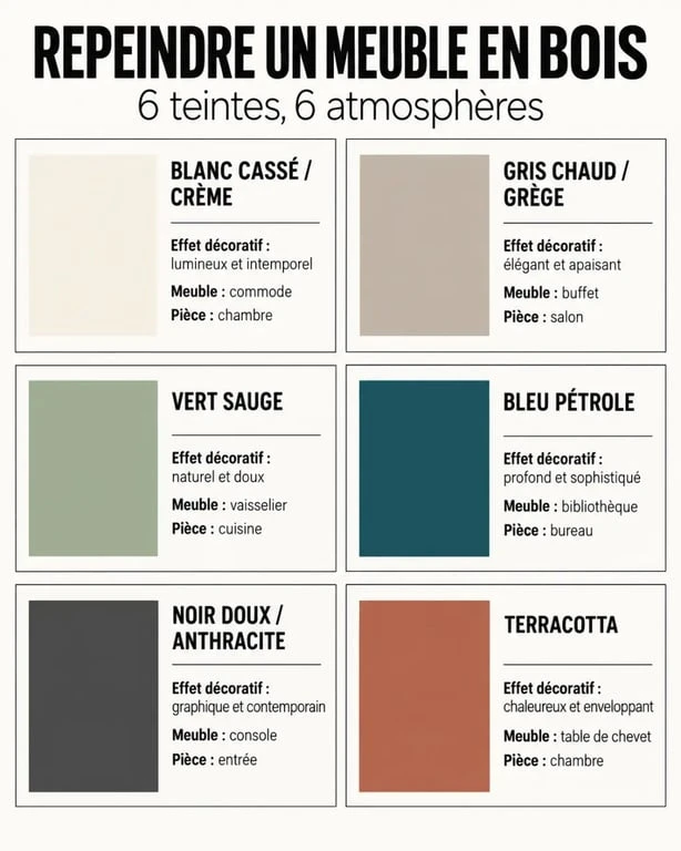 Infographie d'idées de couleur pour repeindre un meuble en bois selon l'effet décoratif et la pièce