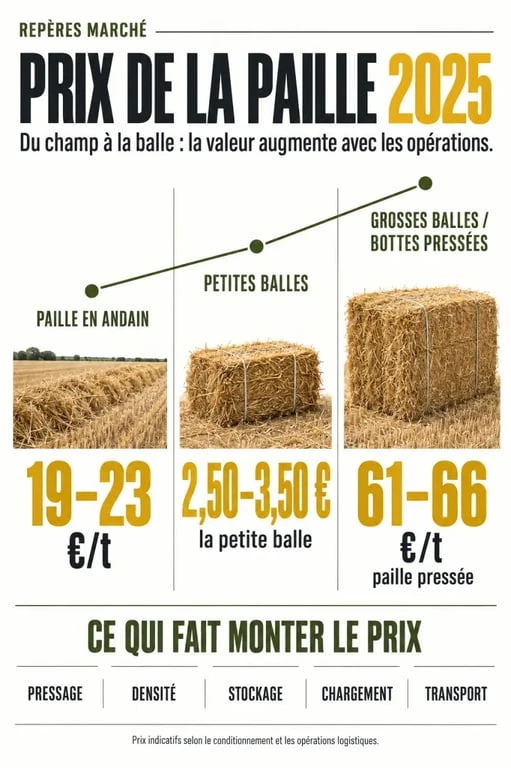 Prix paille 2025 selon le format de vente, de l'andain aux bottes pressées