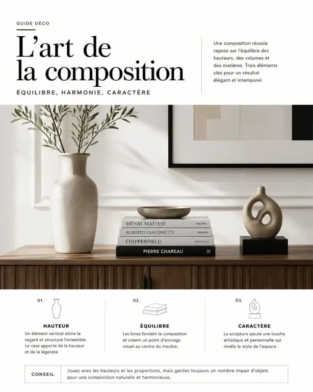Exemple de composition équilibrée pour la décoration d'un buffet de salon