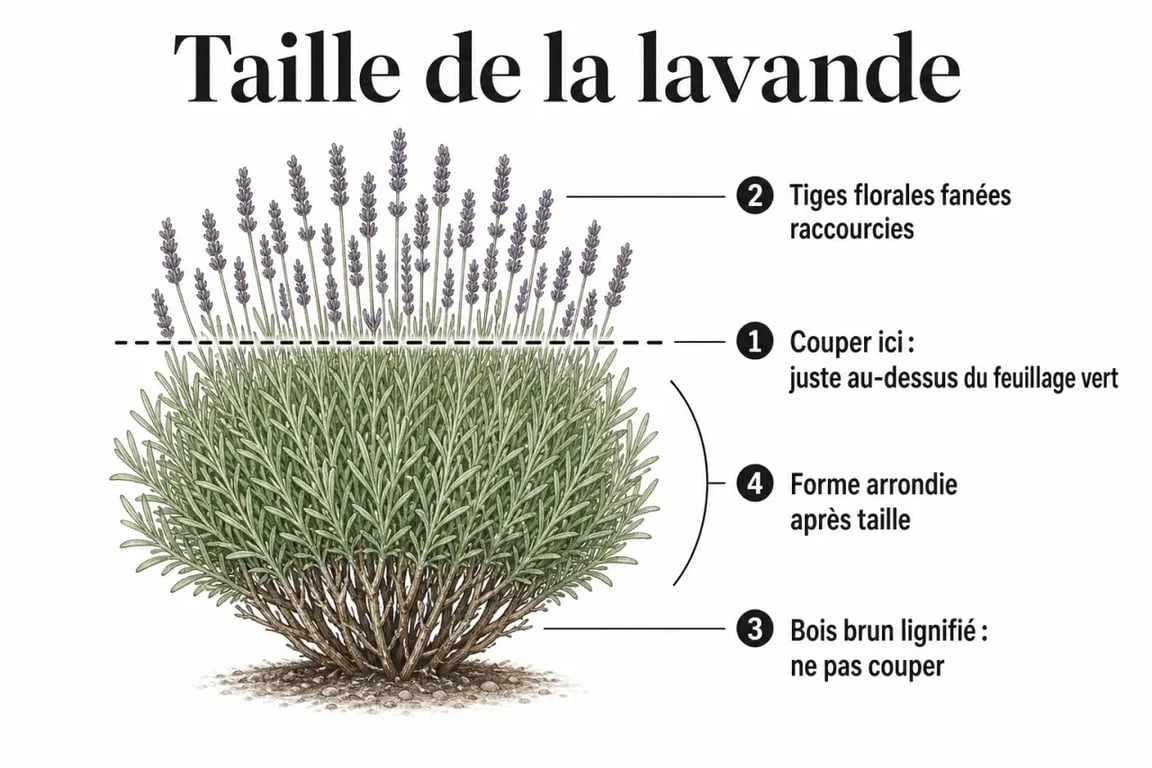 Quand tailler la lavande : schéma montrant la coupe juste après floraison sans toucher au vieux bois