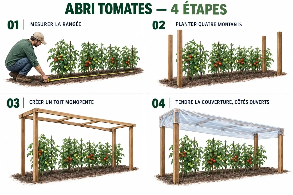 Étapes de construction d’un abri tomates fait maison avec toit transparent ventilé