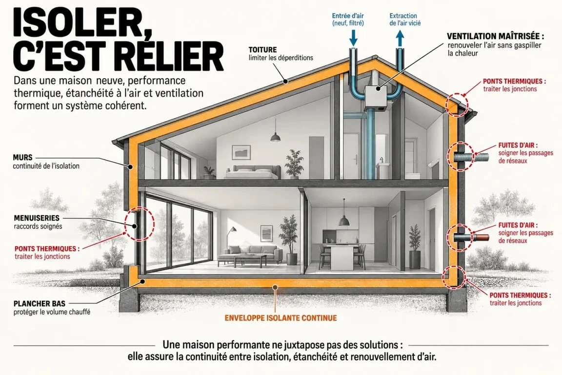 Isolation maison neuve : enveloppe continue, ponts thermiques et étanchéité à l’air