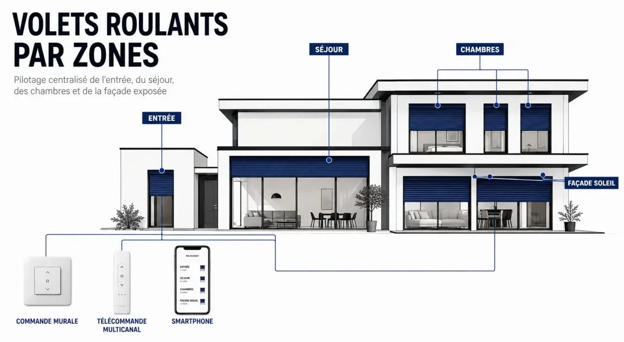 Centralisation volet roulant : maison avec volets regroupés par zones et commande unique