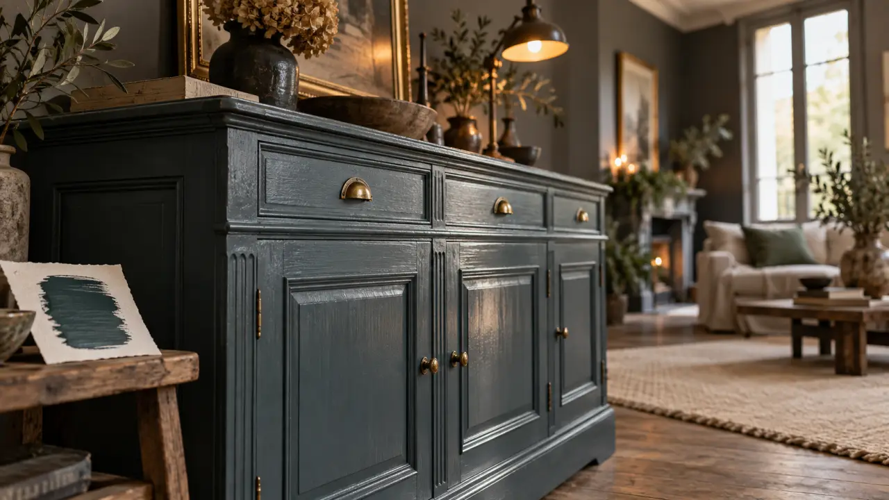 Idée de couleur pour repeindre un meuble en bois : buffet bleu pétrole avec poignées en laiton, test de teinte